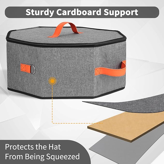 Hat Storage Box for Women & Men, Hardboard Support Cowboy Hat Boxes with 1 Door Hook Hat Organizer for Travel(Grey)