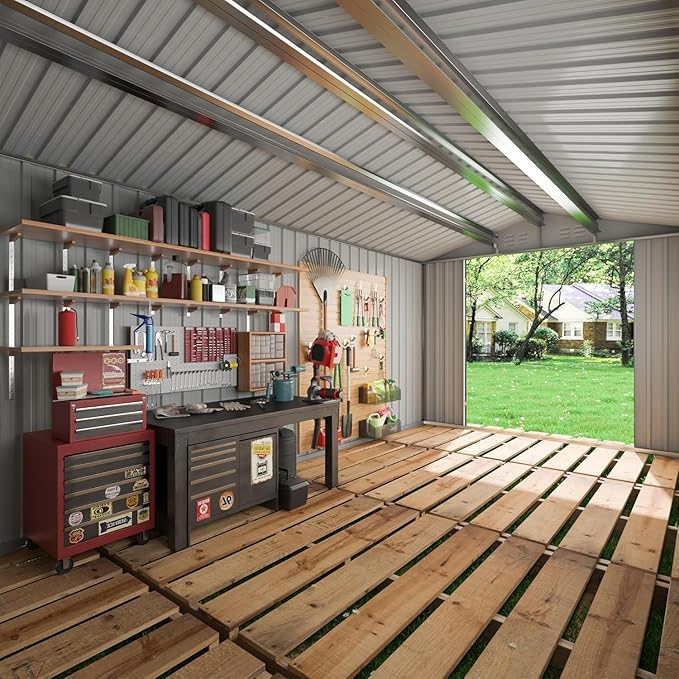 14x12 FT Outdoor Metal Storage Shed with Window, Heavy-Duty Galvanized Steel Tool Shed with Lockable Doors, Waterproof Garden Shed for Backyard, Patio, Lawn, Black