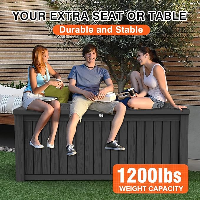 Outdoor Storage Box Waterproof, 180 Gallon Lockable Resin Deck Box Large Storage Bin for Patio Furniture Cushion, Garden Tools, Pool Accessories, UV-Resistant Outside Delivery, Black