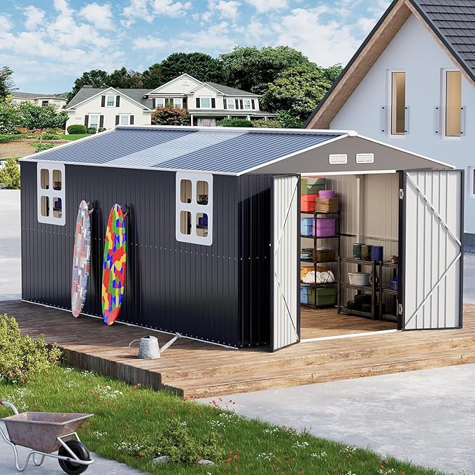 10x16 FT Metal Outdoor Storage Shed with Unique Floor Base Clear Roof Window Lockable Double Door Vent Heavy Duty Reinforced Frame Waterproof Sheds for Garden Large Lawnmower Tool,Dark Grey