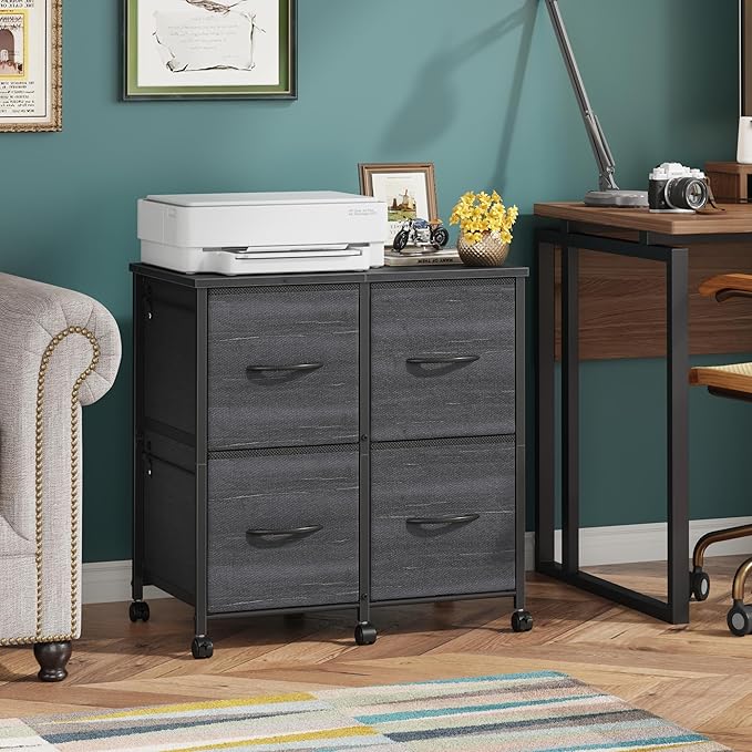 4 Drawer Lateral File Cabinet, Mobile Filing Cabinet for Large Printer, Home Office Functional Small Office Storage Cabinet & Printer Stand, Fits Letter/A4, Charcoal Black Grain Print