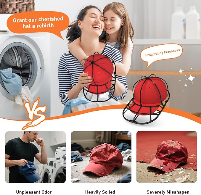 XQXA Hat Washer Cage 2-Pack - Baseball Cap Washing Machine & Dishwasher Safe Cleaner, Hat Cage for Washing Machine, Fits Adult/Kids Caps (Black)