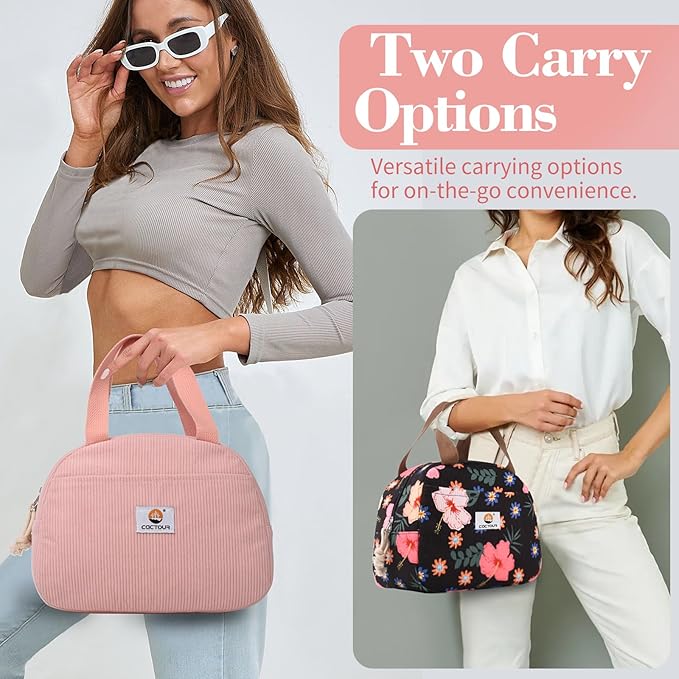 Lunch Box Lunch Bag for Women Girls Teens, Cute Lunch Box Cooler Bag, Portable Small Insulated LunchBox Reusable Corduroy Lunch Tote for Work/Travel/Picnic/School(Pink)