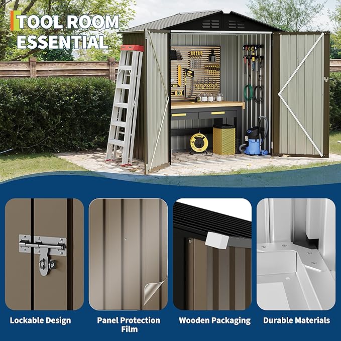 6x4 FT Outdoor Storage Shed, Garden Tool Storage Shed with Sloping Roof and Double Lockable Door, Outdoor Sheds with Panel Protection for Backyard Garden Patio Lawn