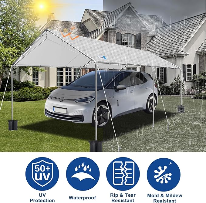 10x20 ft Heavy Duty Car Canopy Galvanized Frame Carport Outdoor Party Tent Boat Shelter with Reinforced Structure, No Sidewall - Light Grey