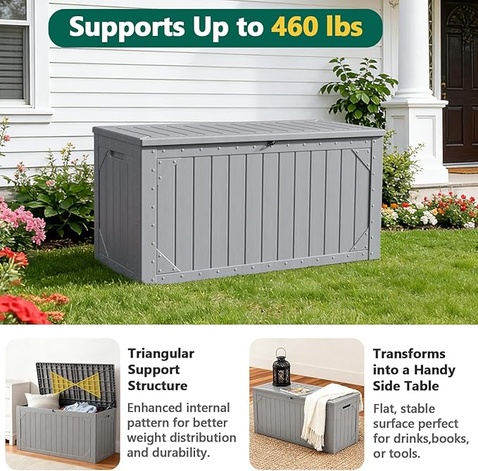 100 Gallon Outdoor Storage Box, Waterproof Resin Deck Box Organizer for Patio Cushion Storage, Lockable Outside Container for Garden Tools