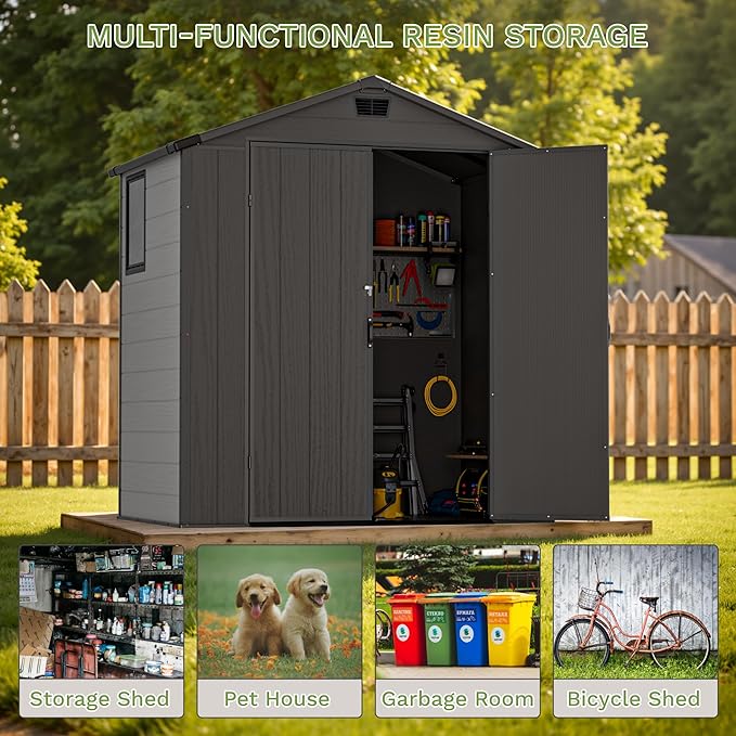 Greesum 6x4FT Plastic Outdoor Storage Shed with Floor, Resin Sheds with Lockable Double Door, Tool Sheds with Window and Vents, for Garden, Backyard, Patio, Dark Gray