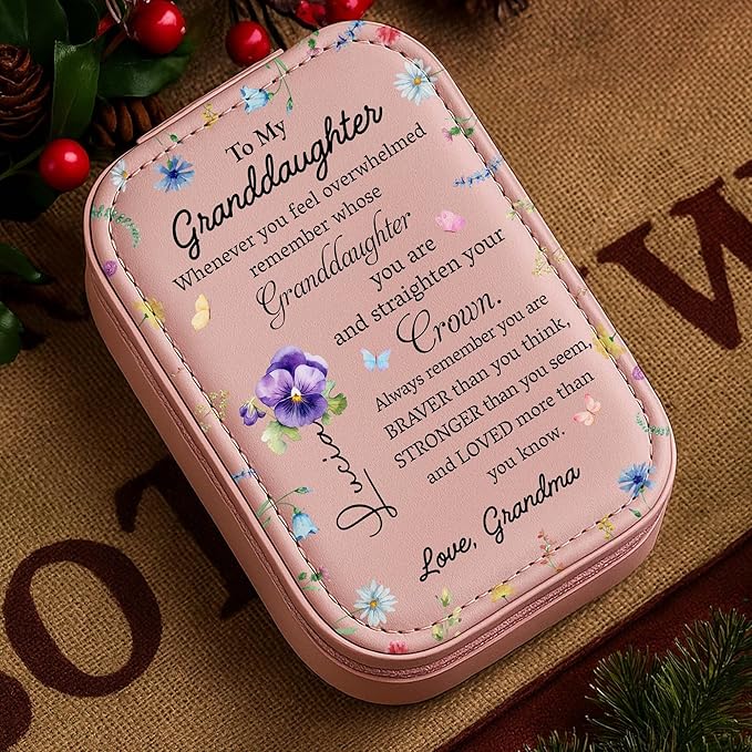 To My Granddaughter, Flowers And Crown, Personalized Custom Jewelry Box With LED Mirror, Gift For Granddaughters, Straighten Your Crown Jewelry Organizer, Appreciation Gifts for Granddaughter