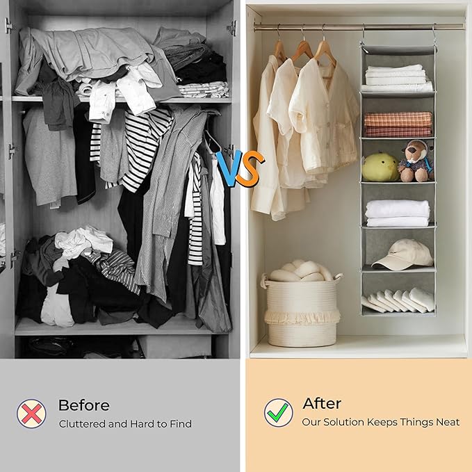 MAX Houser 6 Tier Shelf Hanging Closet Organizer, Closet Hanging Shelf with 2 Sturdy Hooks for Storage, Foldable (Light Grey-D3)