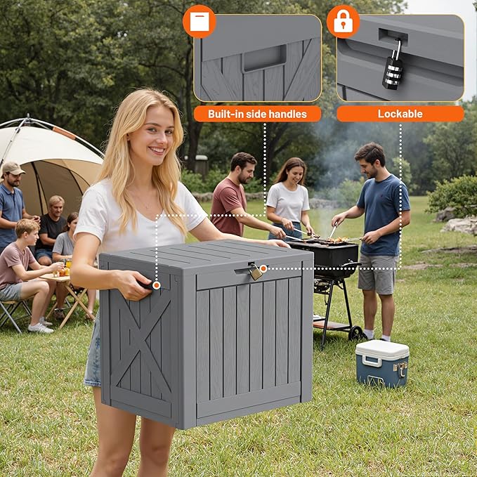 42 Gallon Outdoor Storage Box, Lockable Resin Deck Box for Patio, Yard, and Poolside, Waterproof & Sunproof Organizer for Furniture, Tools, Pool Supplies, Gray