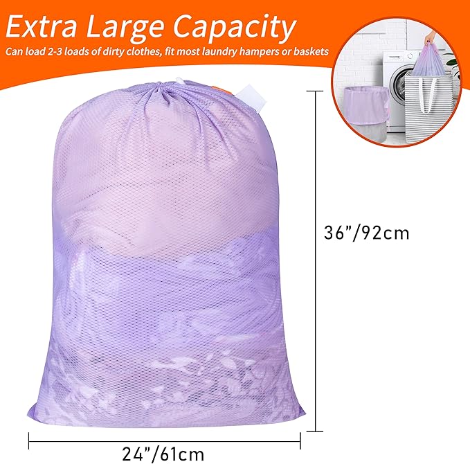 Polecasa Heavy Duty Diamond Large Mesh Laundry Bag with ID Tag and Locking Drawstring Closure - 24 x 36 inches - Laundry Hamper Liner, Washable Laundry Bags for Travel, Sports, Dorms (Purple)