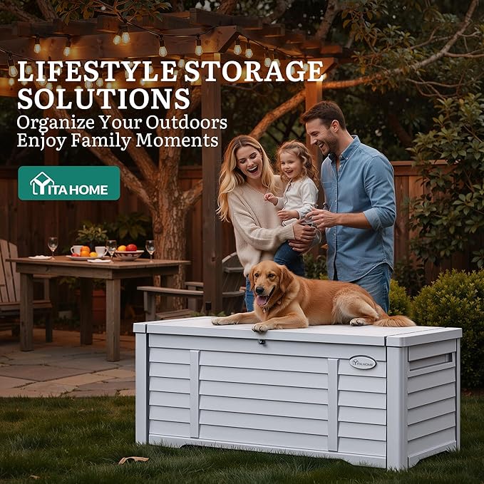 YITAHOME 150 Gallon Large Outdoor Storage Deck Box, Waterproof Cushion Storage Bench with Lockable Lid for Patio, Pool Supplies, Garden Tools, Resin, White