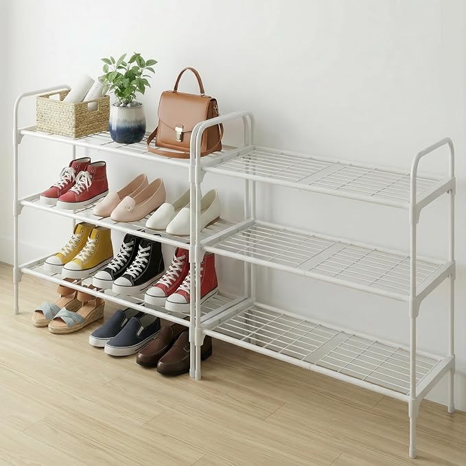 3-Tier Shoe Rack Organlzer, Rustproof lron, Spaclous Shoe Storage Shelf for Closet or Entryway, Fits Sneakers & Slippers, White