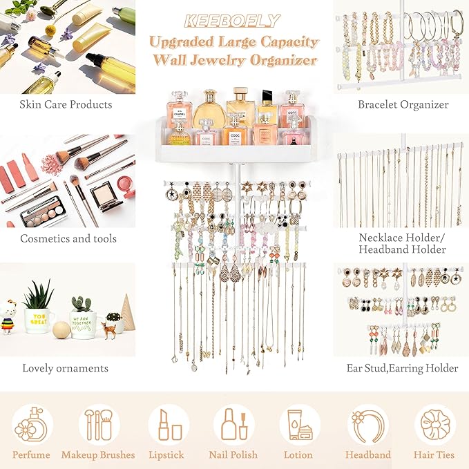 Keebofly Wall Mounted Jewelry Organizer 7-in-1 with Large Stepped Rustic Whitewood Shelves - Iron Jewelry Holder for Earring, Necklace, Bracelet Storage + Makeup/Perfume/Nail Polish Display