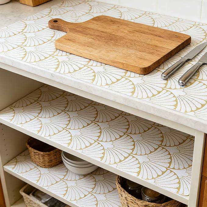 Shelf Liners Non Adhesive Gold Background White Fan-Shaped Pattern - Thickened Non-Slip Easy to Clean Drawer Liner for Kitchen Cabinets, Tool Box,Refrigerator,with Knife & Tape Measure,12in x 20FT.