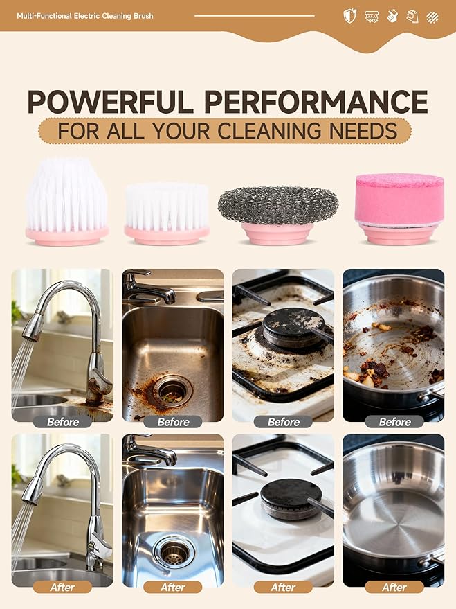Electric Dish Washing Brush, Small Handheld Power Scrubber, Pink Cordless Cleaning Brushes kit, Gift for Woman, for Kitchen cleanup, Dishes/Plates/Sink, IP66 Waterproof Household Cleaning Supplies