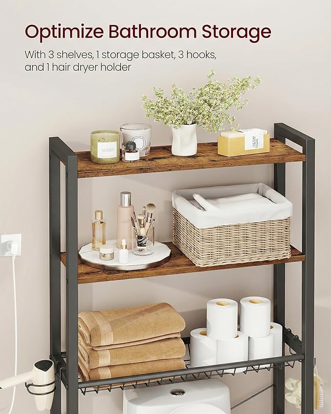VASAGLE Over The Toilet Storage, Over Toilet Bathroom Organizer with Adjustable Shelves and Basket, 3 Hooks, Space Saving, 9.4 x 23.6 x 63 Inches, Rustic Brown UBTS113KD01S