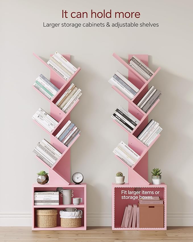 SUNMORY 6 Tier Tree Bookshelf, Small Bookcase with Storage Cabinet, Modern Tall Narrow Bookshelves Organizer, Floor Standing Book Shelf for Bedroom/Living Room/Home Office/Corner, Pink