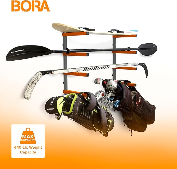 BORA Wood Storage Rack Wall Mount - Heavy Duty Lumber Storage Rack System for Garage Organization - 4-Level Workshop Organizer for Lumber, Pipes & Tools - 440lb Capacity Orange & Grey PBR-0410