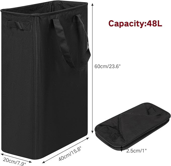 efluky Slim Laundry Basket, Narrow Laundry Hamper with Handles, Collapsible Dirty Clothes Hamper, Tall Laundry Bin for Laundry Room, Dorm and Bedroom, 12.7 Gallons(48L) Black