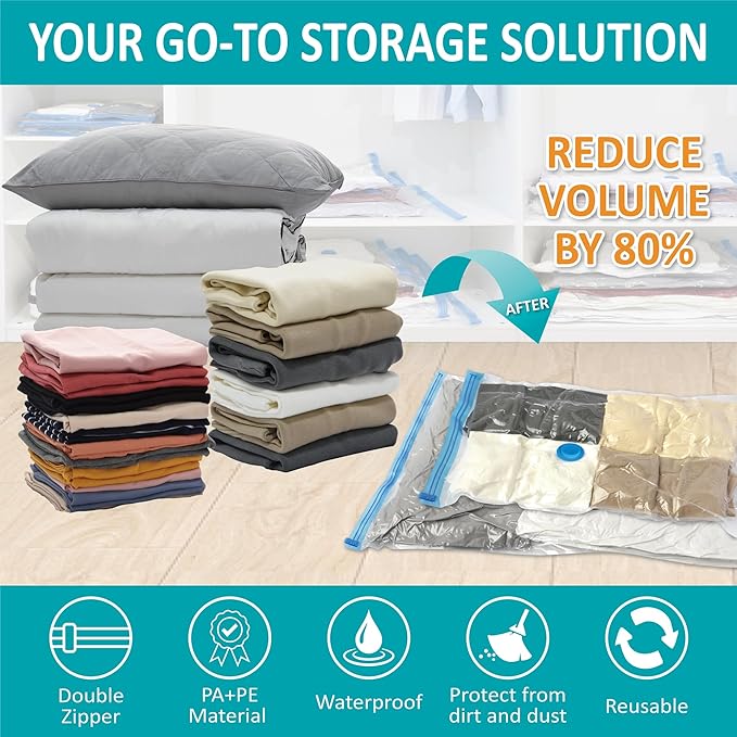 Cozy Essential 35 Pack Vacuum Storage Bags, Space Saver Bags (5 Jumbo/6 Large/6 Medium/6 Small/6 Roll-M/6 Roll-S) Compression for Comforters and Blankets, Pillow, Bedding, Sealer Clothes Storage