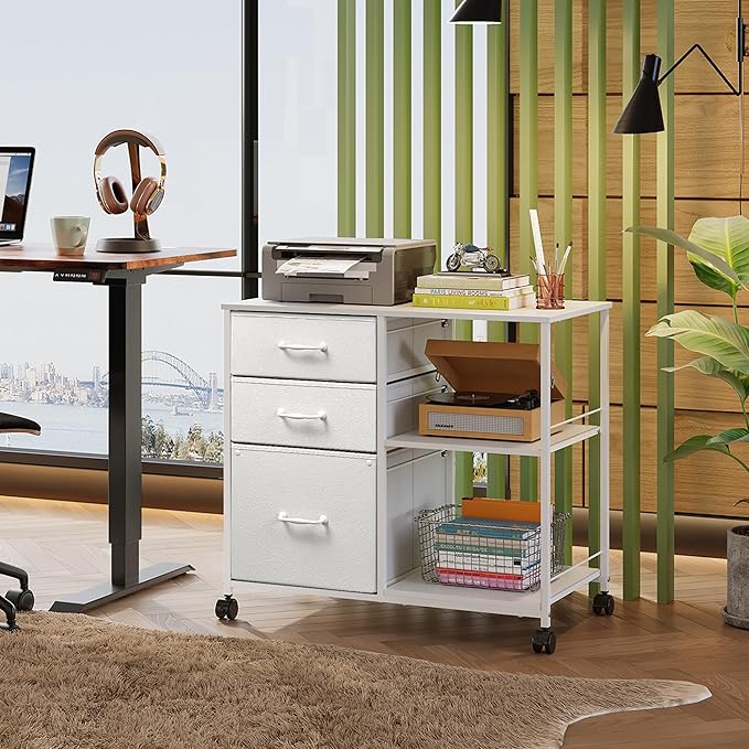 DEVAISE 3 Drawer File Cabinet with Open Shelf, Mobile Lateral Rolling Printer Stand, White Fabric Filing Cabinet fits A4/Letter Size for Home Office Storage