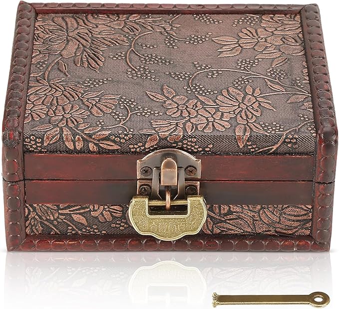 5-Inch Wooden Lock Box, Vintage Keepsake Box with Lock and Key, Small Locking Decorative Box for Jewelry Necklace, Earrings