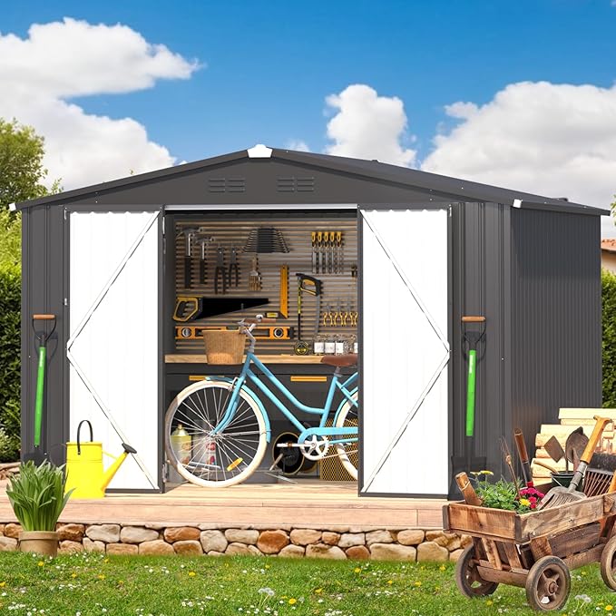 AECOJOY 8' x 10' Outdoor Storage Metal Shed, Dark Grey Steel Yard Shed & Outdoor Storage Clearance with Design of Lockable Doors, Utility and Tool Storage for Garden, Backyard, Patio, Outside use
