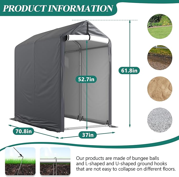 GARTOO 6 x 3ft Outdoor Cycle Storage Shelter - Bike Shed with Roll-up Door & Ventilate Window, Polyethylene Canopy Bicycle Garage for Garden, Domestic, Outdoor, Rain Shelter