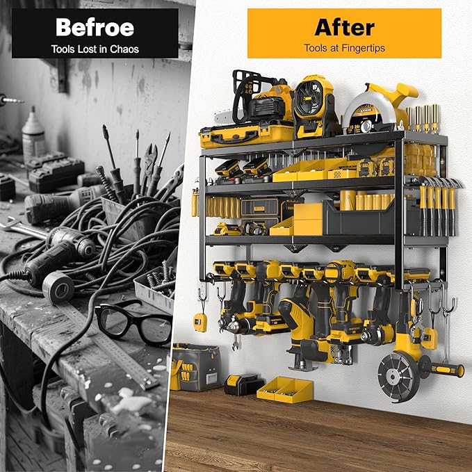 Power Tool Organizer Wall Mount, 15 Min Assembly & Maximum 150lb load by Heavy Duty Metal, 4/6/8 Drill Holder, 4 Layers Garage organization and Tool Storage, Tools Holder for Workshop/Shed