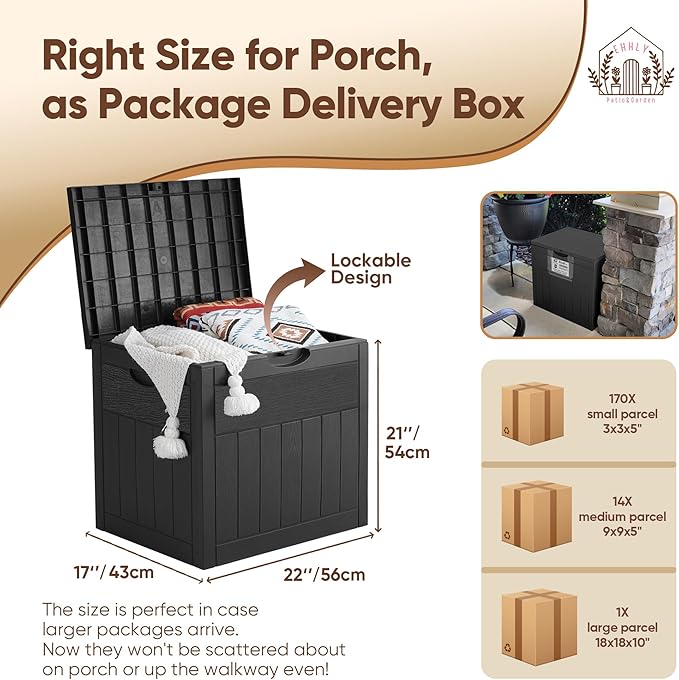 EHHLY 31 Gallon Deck Box, Small Outdoor Storage Box Waterproof, Lockable Secure Package Bin Delivery Box for Outside Front Porch, Patio Cushions Storage Box, Delivery Driver Snack Box for Porch, Black