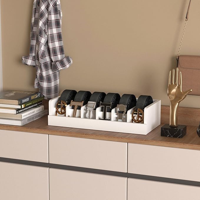 Belt Organizer for Closet - 6 Grids White Bamboo Belt Storage Organizer Racks for Men Women's Drawer, Belt Display Holder Wall Mount with 2 Pcs Tie Clip