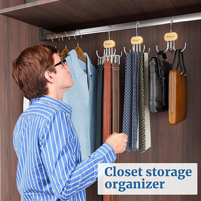 Belt Hanger, Belt Organizer for Closet,Rotatable Tie Rack,Belt Holder,Hanging Closet Organizer Hook for Belt, Bra, Tank Top, Tie, Scarf, Purse,1PCS,Natural