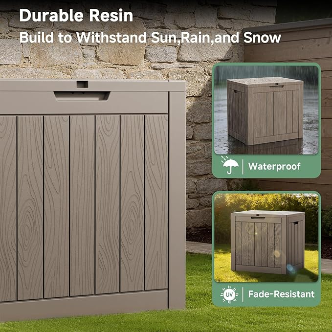 35 Gallon Outdoor Deck Box,Waterproof Resin Outdoor Storage Boxes, Outside Storage Lockable Container for Garden Tools,Indooor Cushions,Accessories (Grey)
