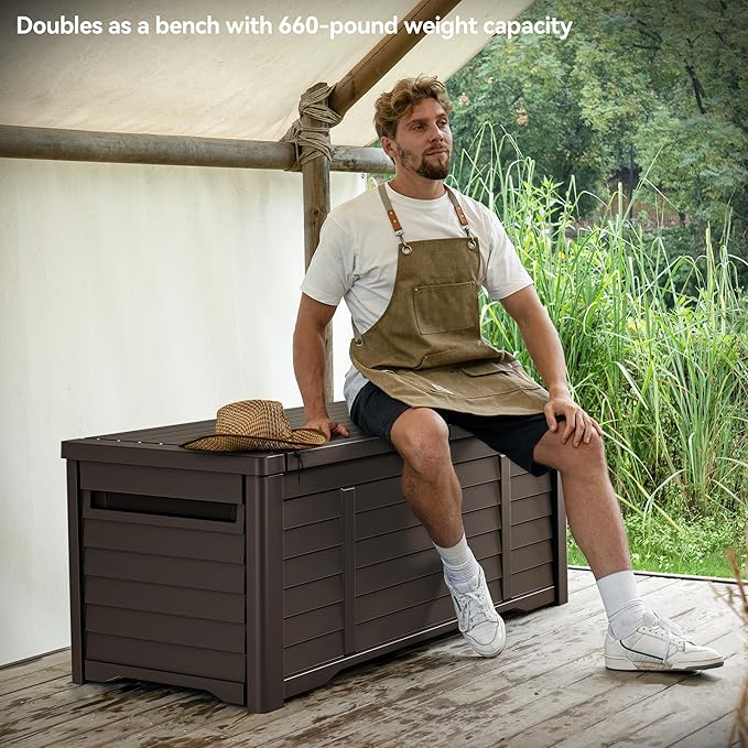 DWVO Large Deck Box 150 Gallon Waterproof Outdoor Storage Box, Extra Large Outdoor Bin, Resin Louvered Patio Storage for Pillows, Garden Tools & Pool Supplies, Lockable, Dark Brown