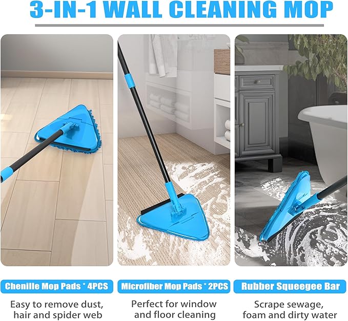 NEWE Wall Mop Cleaner with 80 Inches Long Handle, 180° Folding Ceiling Cleaning Tool with Squeegee (Blue)