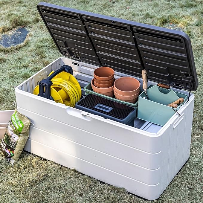 Outdoor Storage Deck Box Waterproof, 100 Gal Pro Large Lockable Patio Storage Bin Chest, Resin Outside Container Seat Bench for Furniture Cushions, Pool Accessories, Garden Tools & Delivery, White