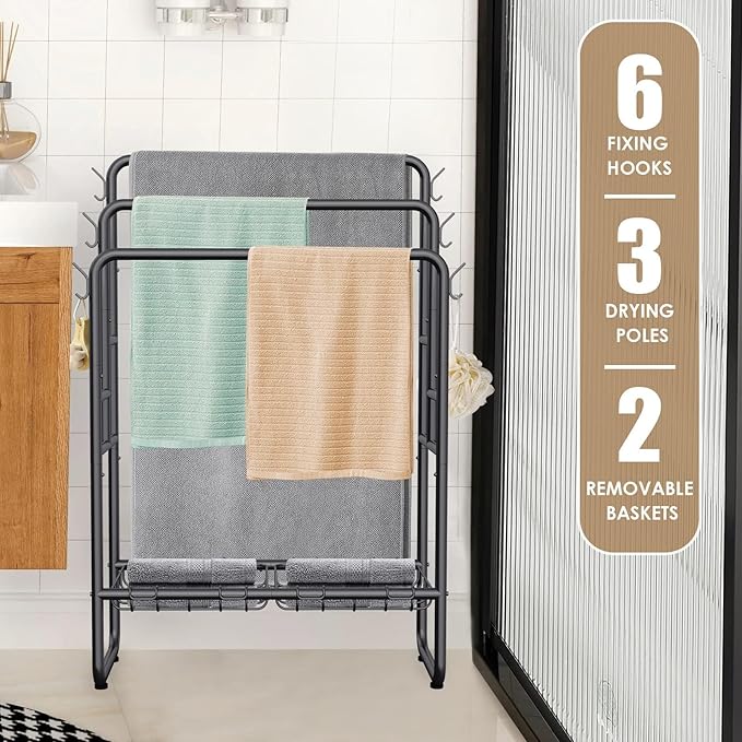 Kayfia 40" Tall Standing Towel Racks, 3 Tier Towel Stand Blanket Rack with 2 Removable Storage Baskets & 6 Hooks, Indoor Outdoor Freestanding Towel Racks for Bathroom Bedroom Organizer