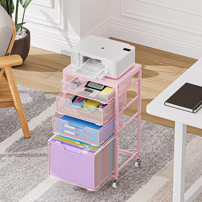 4 Drawer Rolling File Cart Under Desk Storage, File Cabinets for Home Office, Mobile Filing Cabinet, Hanging File Organizer with Wheels, Utility Cart Printer Stand, Pink