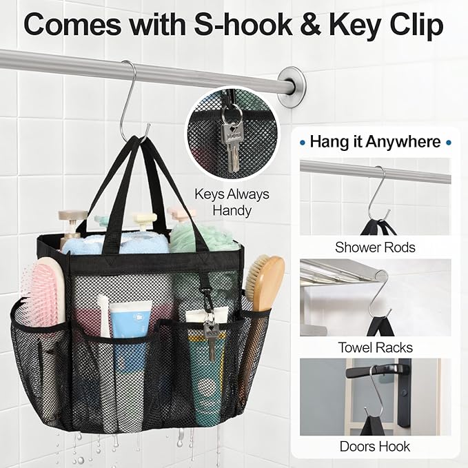 F-color Mesh Shower Caddy Portable with 2 Pack Name Tags, Upgrade Deeper 7 Pockets Shower Bag Tote for College Dorm Room Toiletry Bathroom Essentials Gym Camp Quick Dry 2 handles with S Hook, Black