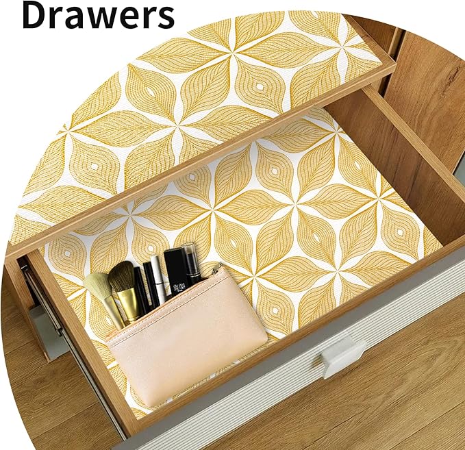 Shelf Liners for Kitchen Cabinets 12in x 20FT, Non Adhesive Cabinet Liner Strong Non-Slip Golden Leaf Drawer Liner, Easy to Clean for Shelf, Cabinet with Knife and Tape Measure