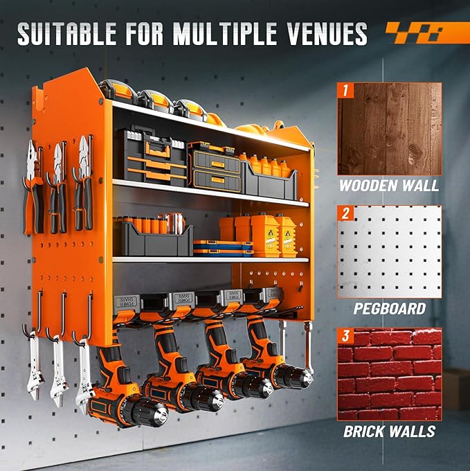Garage Tool Organizer with 4 Tier,Drill Holder Wall Mount,Heavy Duty Rack with Hooks for Tool Organizers and Storage,Home Gifts Orange