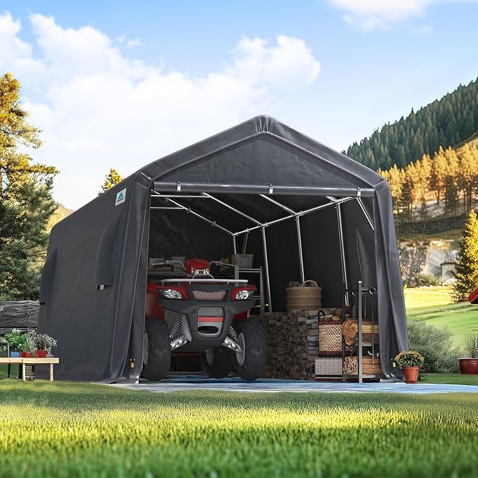 ADVANCE OUTDOOR Heavy Duty 10x20 ft Carport Outdoor Patio Portable Canopy Storage Shelter Shed with 2 Roll up Zipper Doors & Vents for Snowmobile Garden Tools, Gray