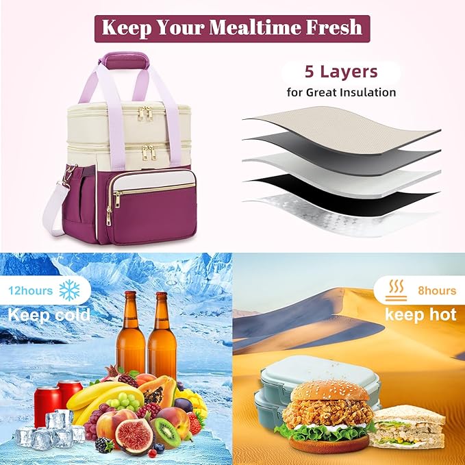 Insulated Lunch Bag & Lunch Box for Women - Double Deck Reusable Lunch Bag for men Tote Cooler Bag Leakproof Soft Expandable - Large Lunchbox for Work/Adult/Picnic/Outdoor (Light Purple，15L)