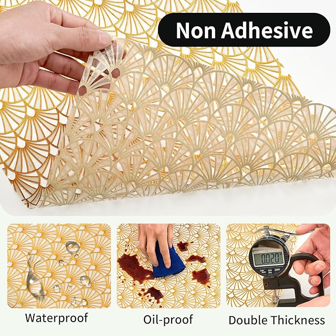 Drawer and Shelf Liner for Kitchen Cabinet: 17 in X 30 Ft Waterproof Shelf Paper Non Adhesive Refrigerator Liners Golden Ginkgo Leaf Easy Liners for Bathroom with Knife Tape Measure
