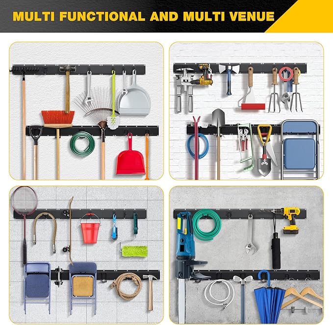 Garage Tool Organizer Wall Mount with 96 inches Rails and 13 Adjustable Heavy-Duty Hooks, Garden Tool Organizer, 19 Pack Carries 820 lbs, Heavy Duty Garage Storage Rack For Yard, Shed, Easy to install