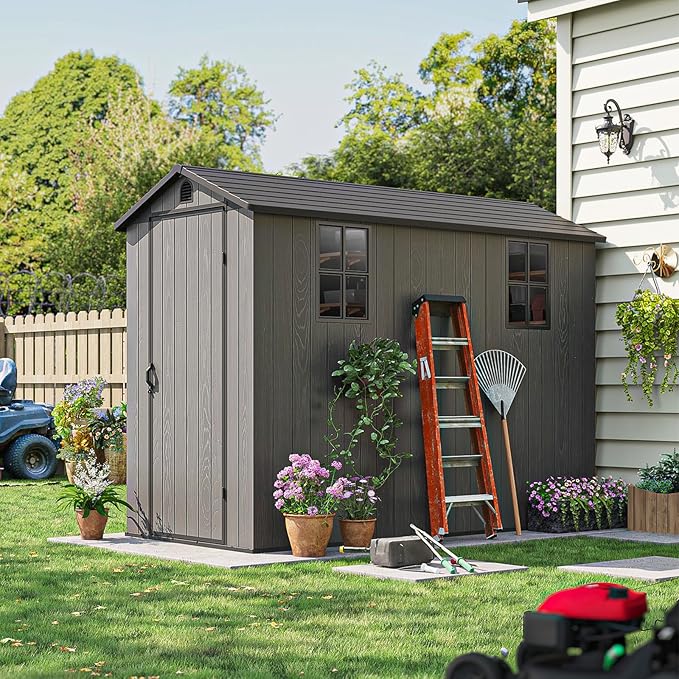 Patiowell 4 x 8 FT Plastic Outdoor Storage Shed with Floor, Garden Tool Shed with Two Windows and Single Lockable Door for Garden, Backyard, Lawn, Easy to Install, Dark Grey