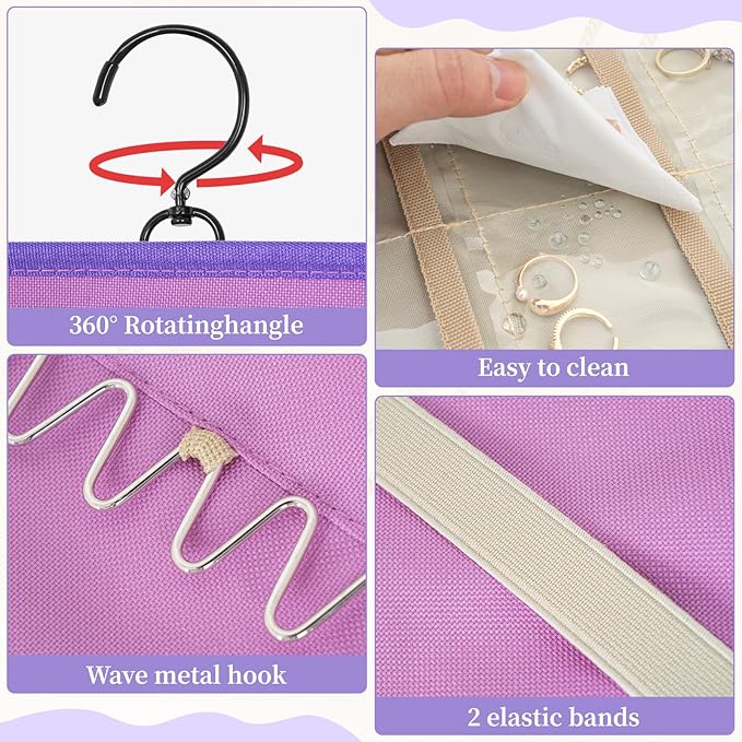GMAK Hanging Jewelry Organizer with Hanger Metal Hooks, Double-Sided Jewelry Holder Accessories Organizer Storage Roll for Jewelry, Earrings, Bracelets, Necklaces, Rings - Light Purple