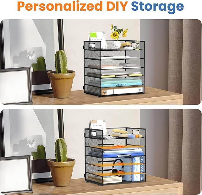 Daltack 6 Tier Paper Organizer for Desk, Paper Letter Tray Organizer for Desks, Mesh Desk File Organizers with Handle for Office, Home, School, Black, 2 Pack