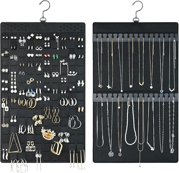 Dual Sided Hanging Jewelry Organizer with Hanger for Closet,Tangle Free Felt Necklace Earring Holder for 300 Earrings & 30 Necklaces Over Door University Dorm, Gift Ready Black (1 Pack)